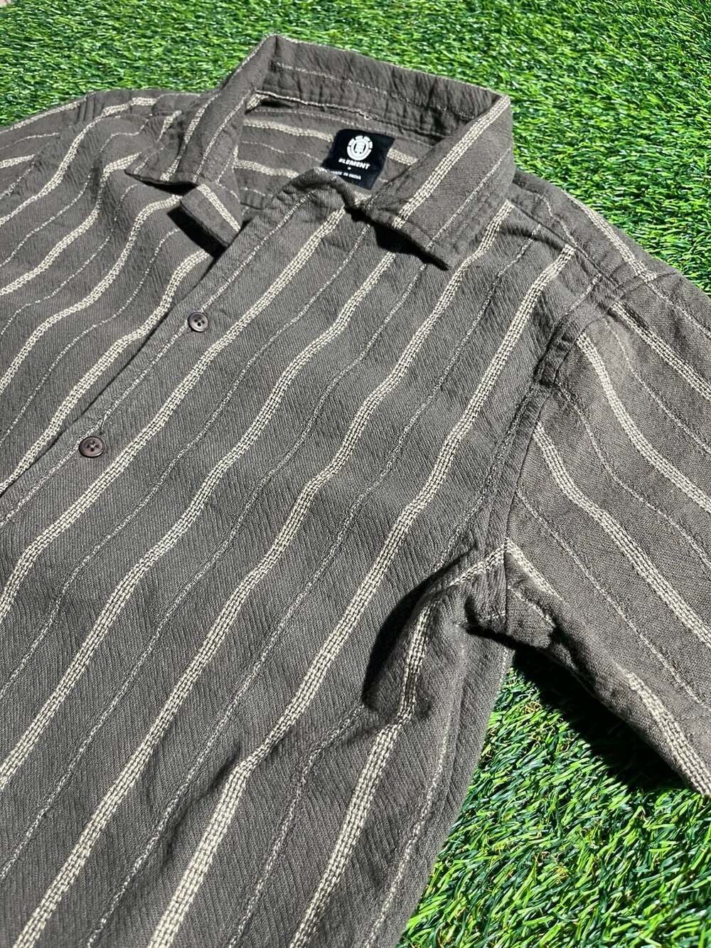 Element Striped Short Sleeve Button-Up Shirt Size S Olive Green